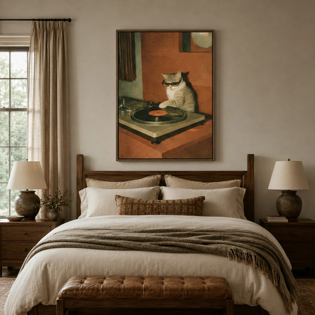 DJ cat retro canvas print above bed in cozy warm-toned bedroom with wood accents