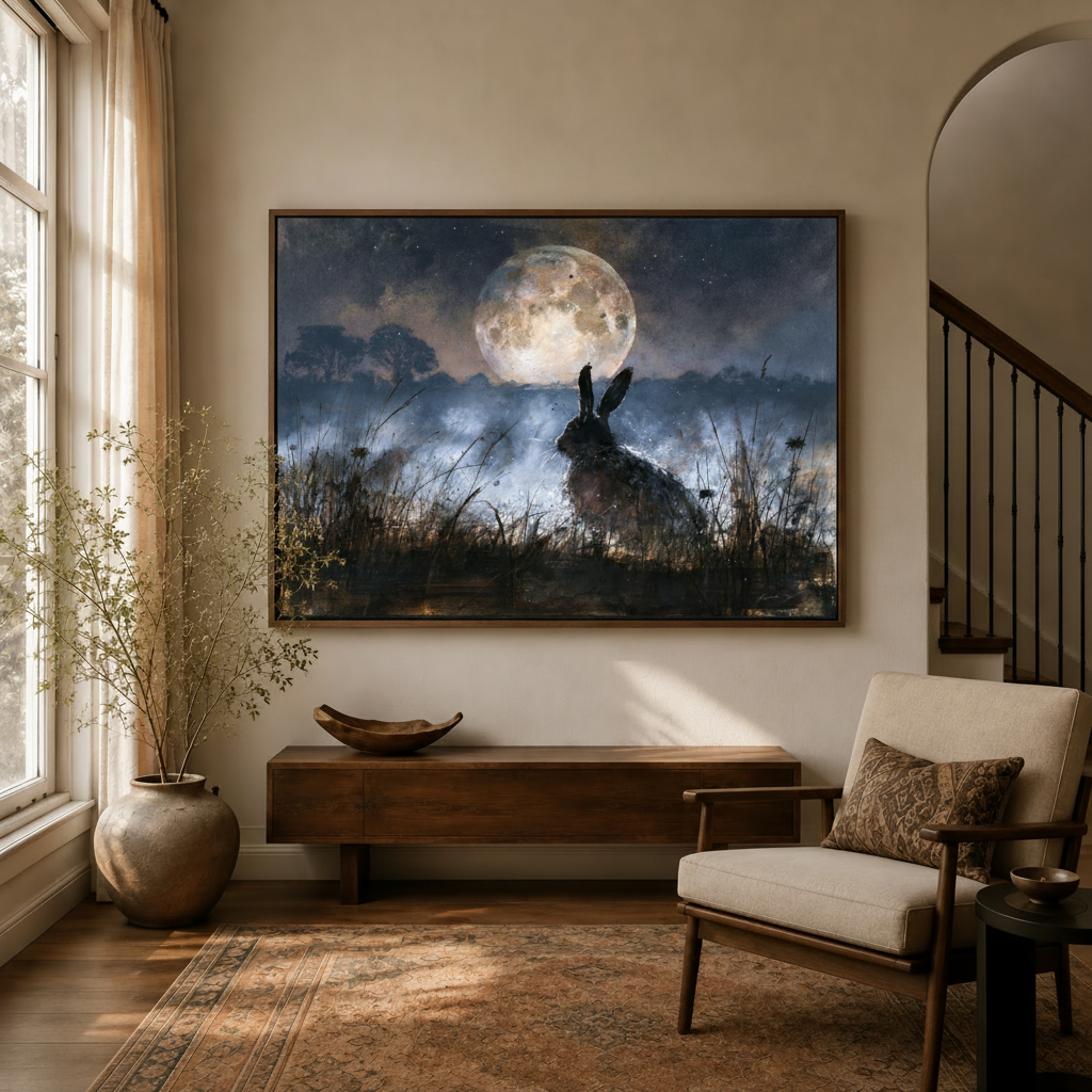 Framed moonlit hare canvas wall art above a wood console in a warm neutral entryway with arch detail