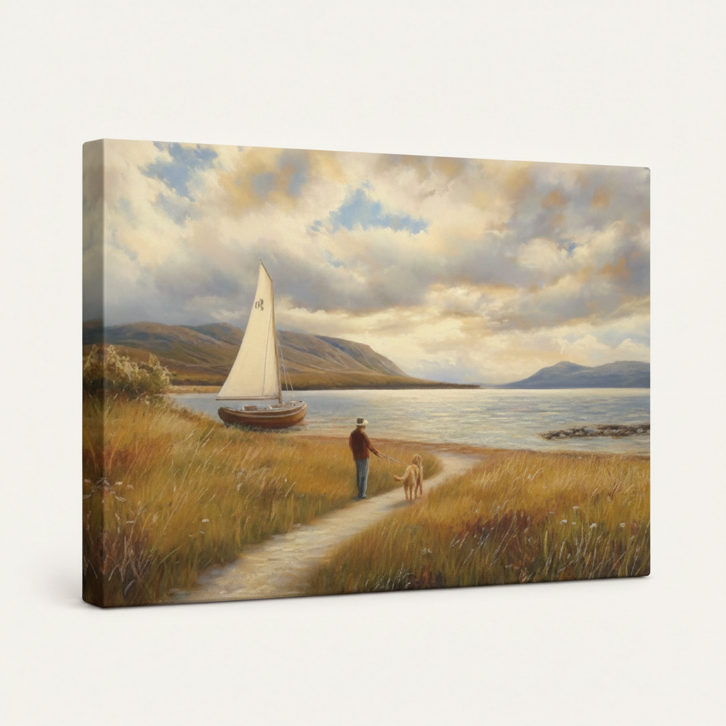 Gallery wrapped coastal landscape man dog sailboat canvas side view showing golden meadow tones wrapping edges