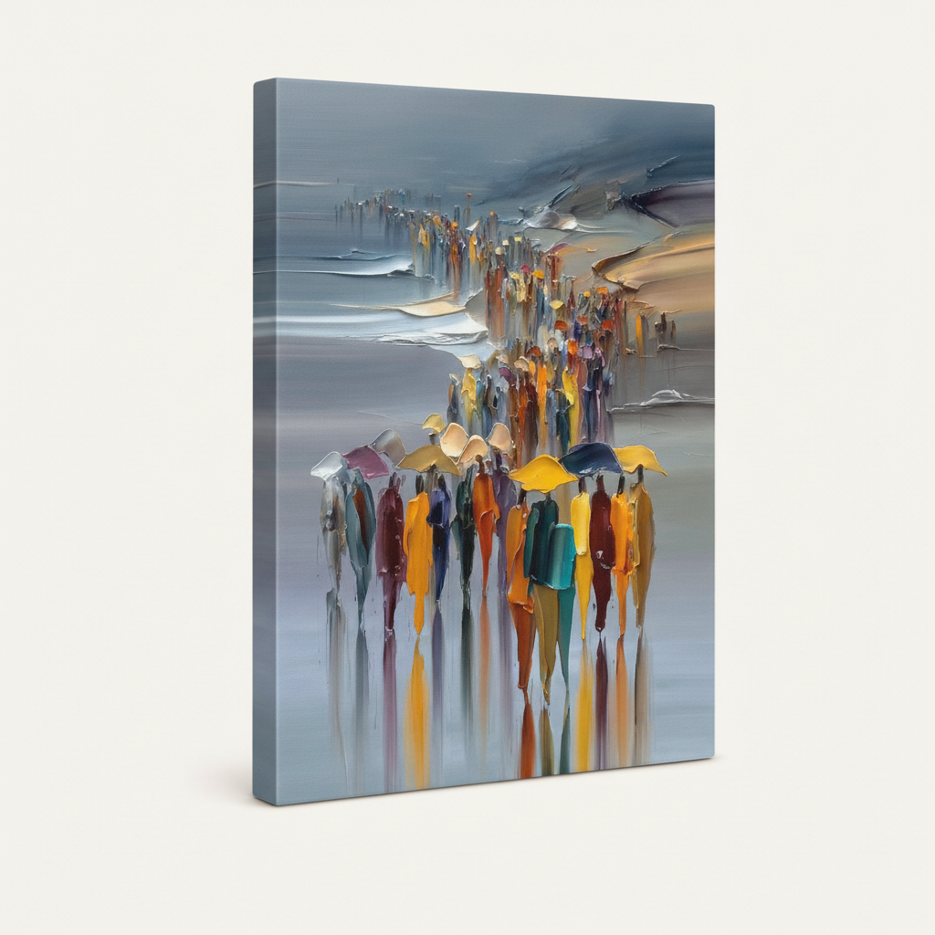 Gallery-wrapped canvas side view showing thick palette knife texture of abstract crowd scene in warm and cool tones