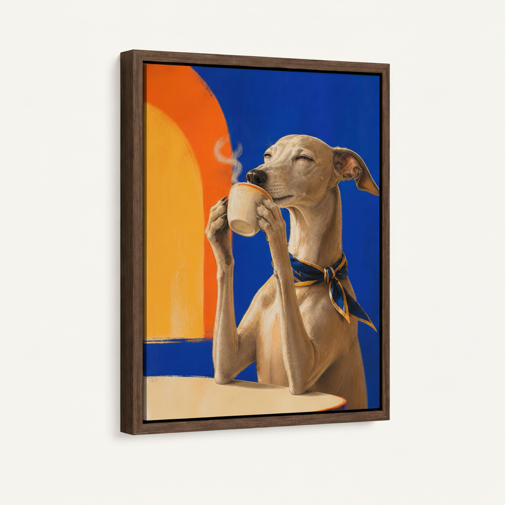 Funny greyhound drinking coffee impasto canvas in dark walnut float frame, 3/4 angle view