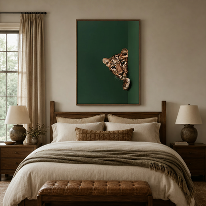 Dramatic leopard cub portrait canvas art above bed in warm walnut-toned bedroom interior