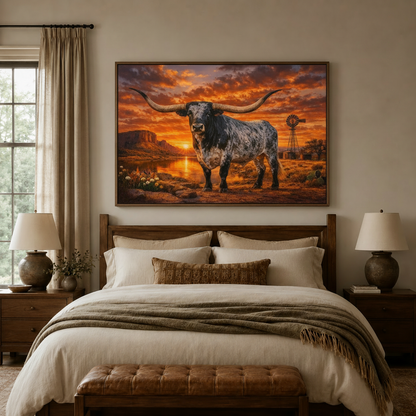 Texas Longhorn sunset canvas art above bed in cozy neutral bedroom interior