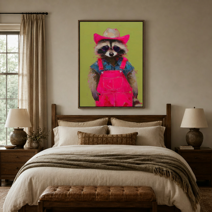 Bold colorful raccoon canvas print with neon pink palette above a rustic bedroom bed