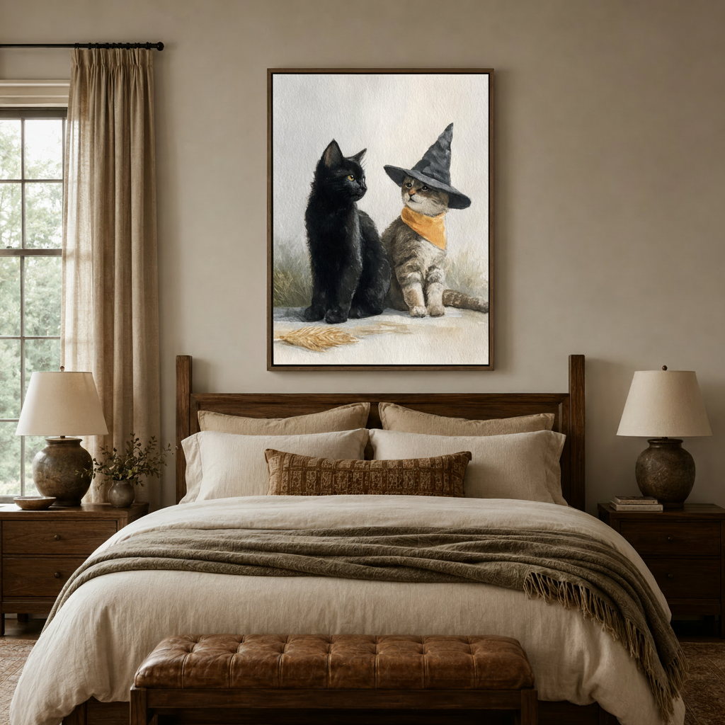 Whimsical witch cat canvas wall art above wooden bed headboard in cozy linen-toned bedroom