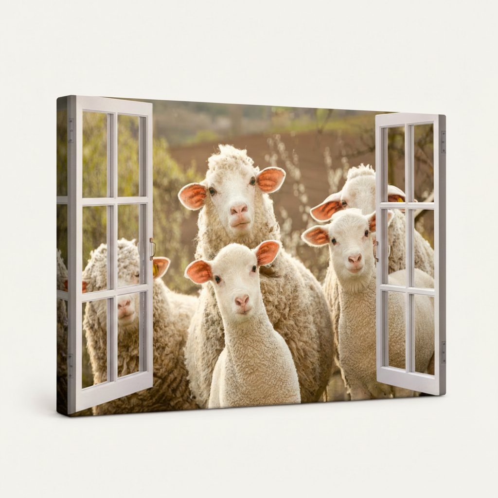 Gallery wrapped sheep window canvas side view showing dark wrap edges and warm golden background continuation