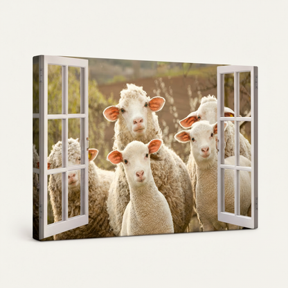 Gallery wrapped sheep window canvas side view showing dark wrap edges and warm golden background continuation