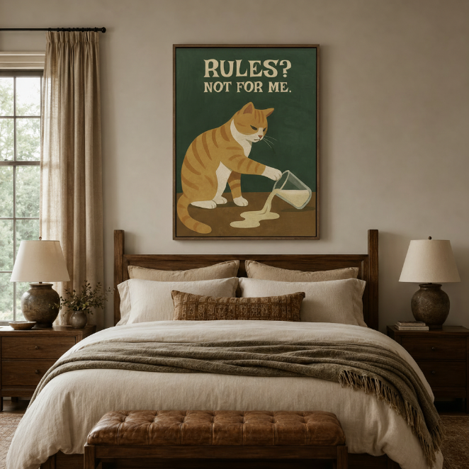 Vintage rules not for me cat canvas print hanging above a dark walnut bed in a neutral bedroom