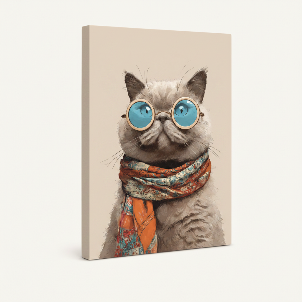 Gallery-wrapped fancy cat scarf portrait canvas with wrap edges visible on off-white background