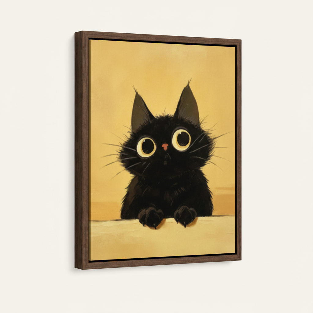 Framed black cat canvas art leaning against white wall in dark walnut float frame