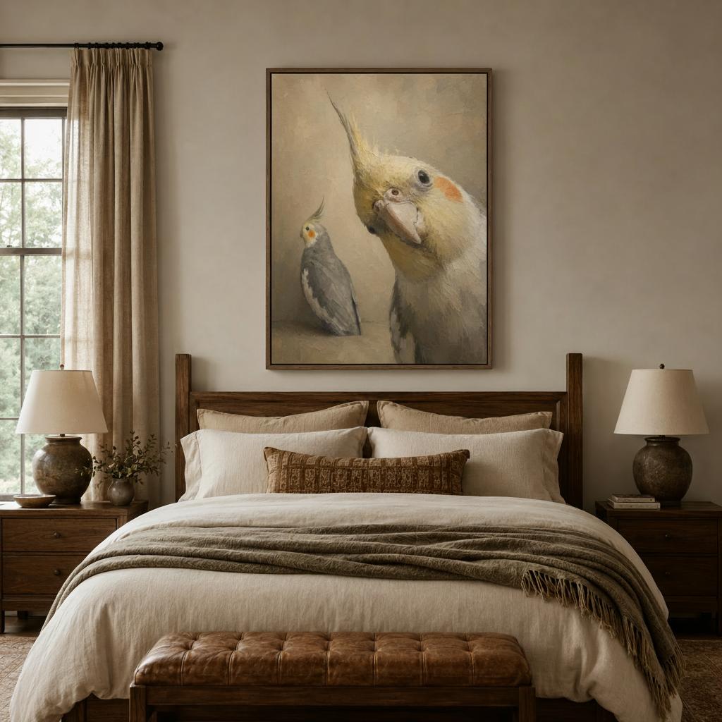 Cockatiel pair oil painting in walnut frame above bed, cozy bedroom bird canvas wall art