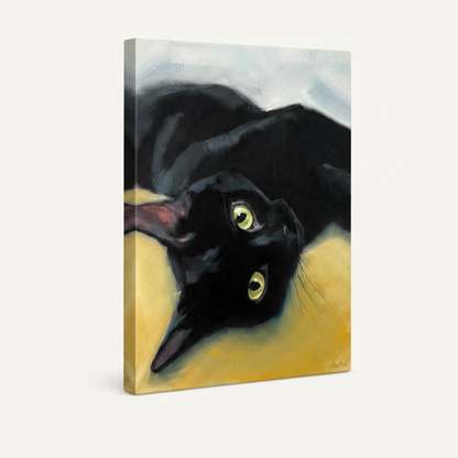 Sleek black cat portrait gallery wrap canvas side view no frame showing canvas depth on off-white background