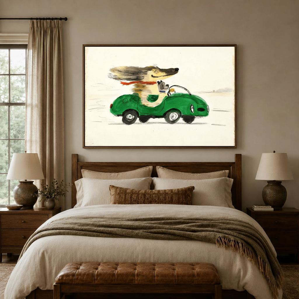 Funny vintage dog driving green car canvas art centered above bed headboard in warm bedroom