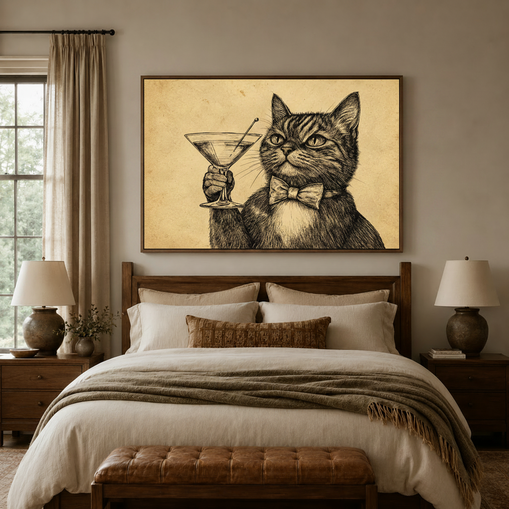 Dapper bow tie cat raising martini glass, large framed canvas wall art above bed in cozy bedroom