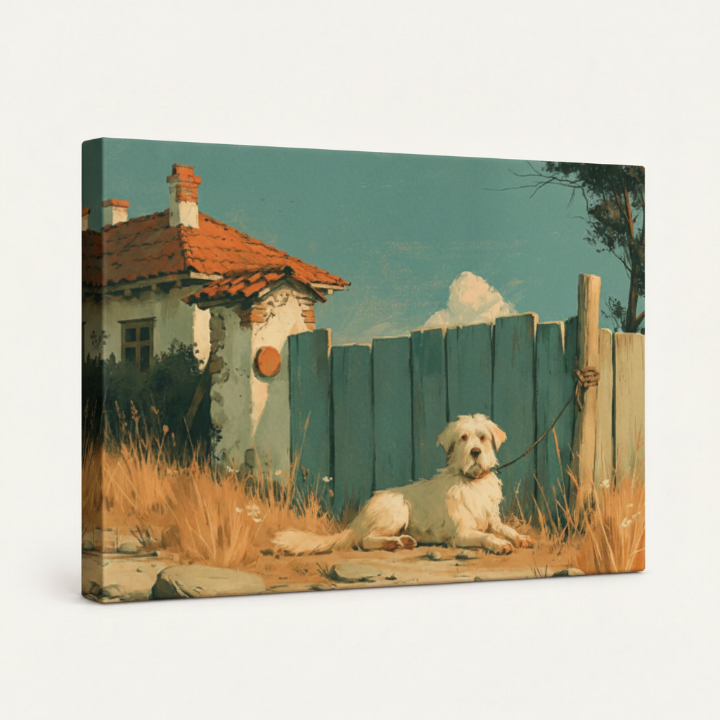 Gallery wrapped vintage dog canvas side view showing dark wrap edges no frame white background