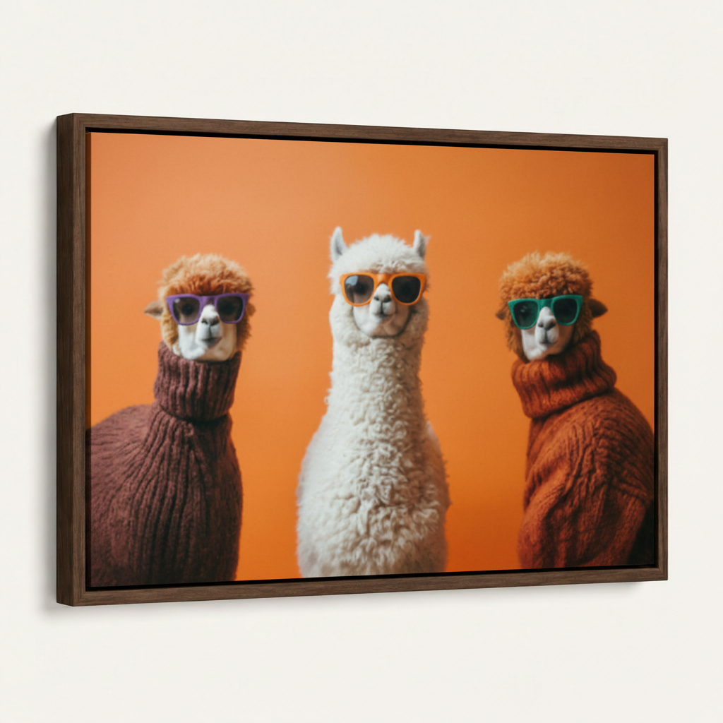 Walnut-framed canvas close-up showing three alpacas in colorful sunglasses on bold orange background