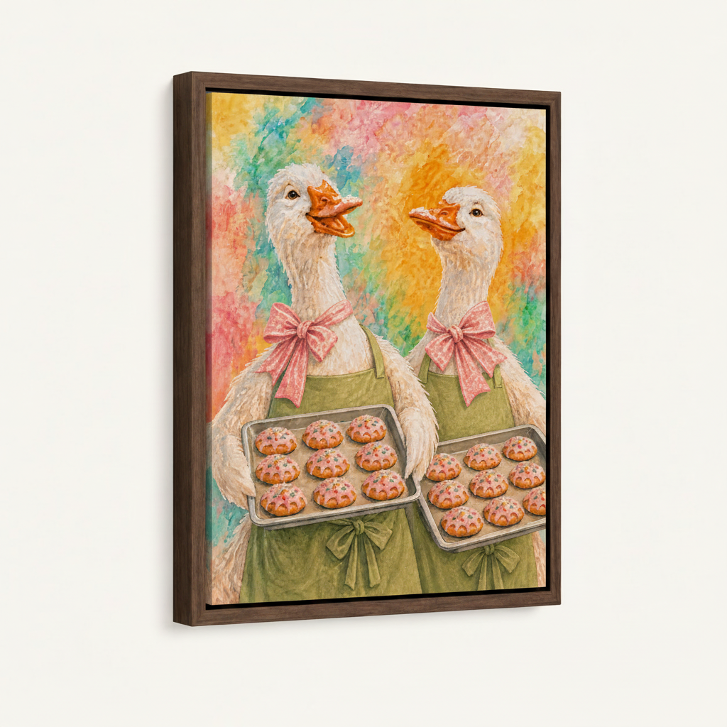  Framed whimsical goose baker canvas art in dark walnut float frame, angled view