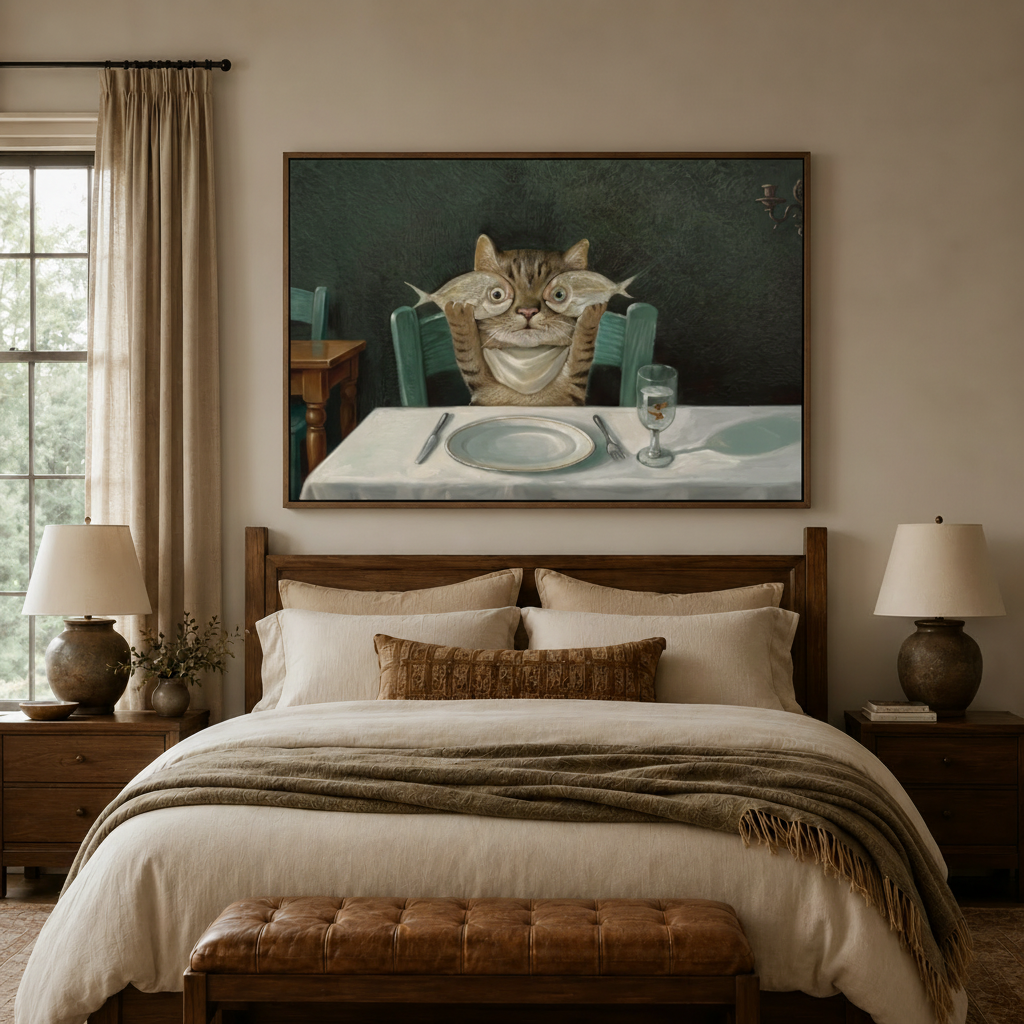 Funny cat dining oil painting canvas wall art above bed in cozy neutral bedroom interior