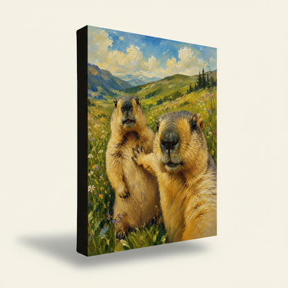Funny marmot selfie canvas print no frame shown at left-facing angle with dark espresso sides on cream background