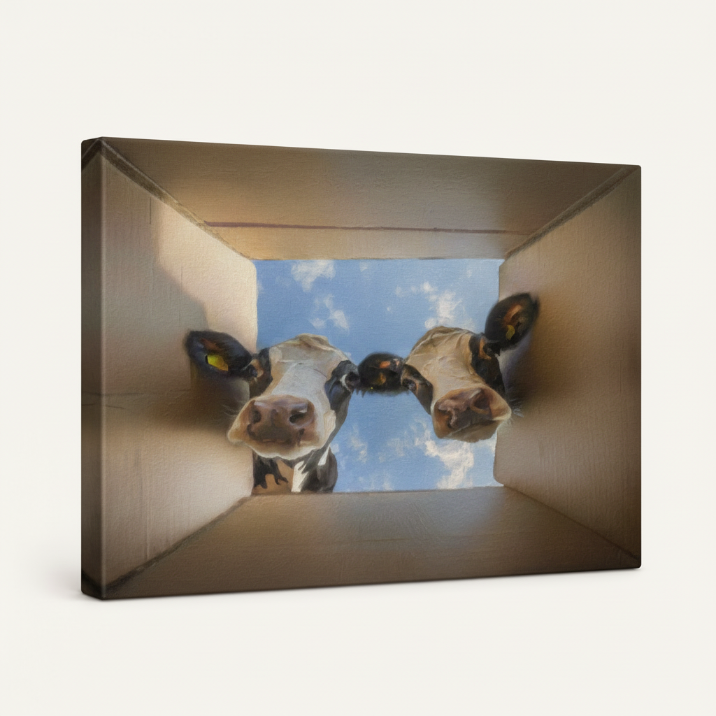 Gallery-wrapped canvas side view of whimsical cow wall art with worm's-eye perspective