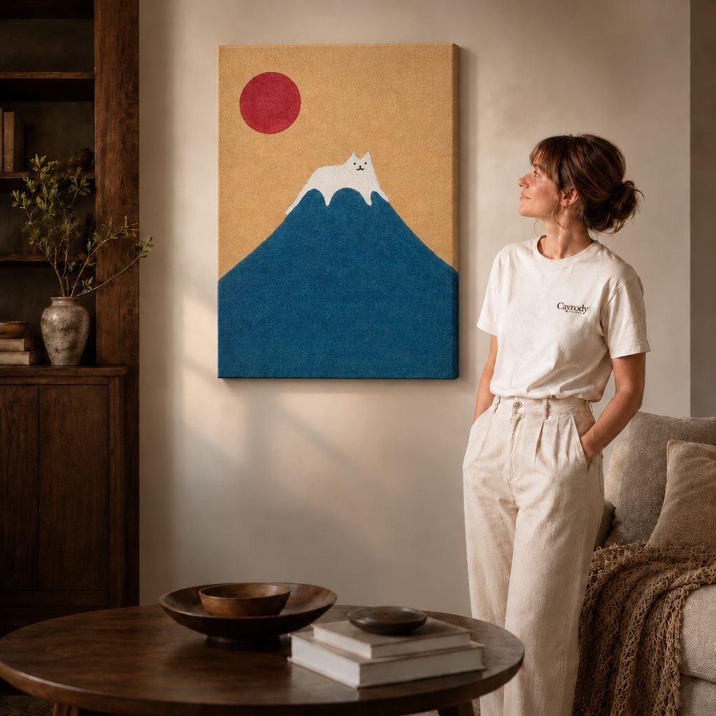Woman in a cream tee standing next to a gallery-wrapped canvas showing a minimalist white cat mountain painting.