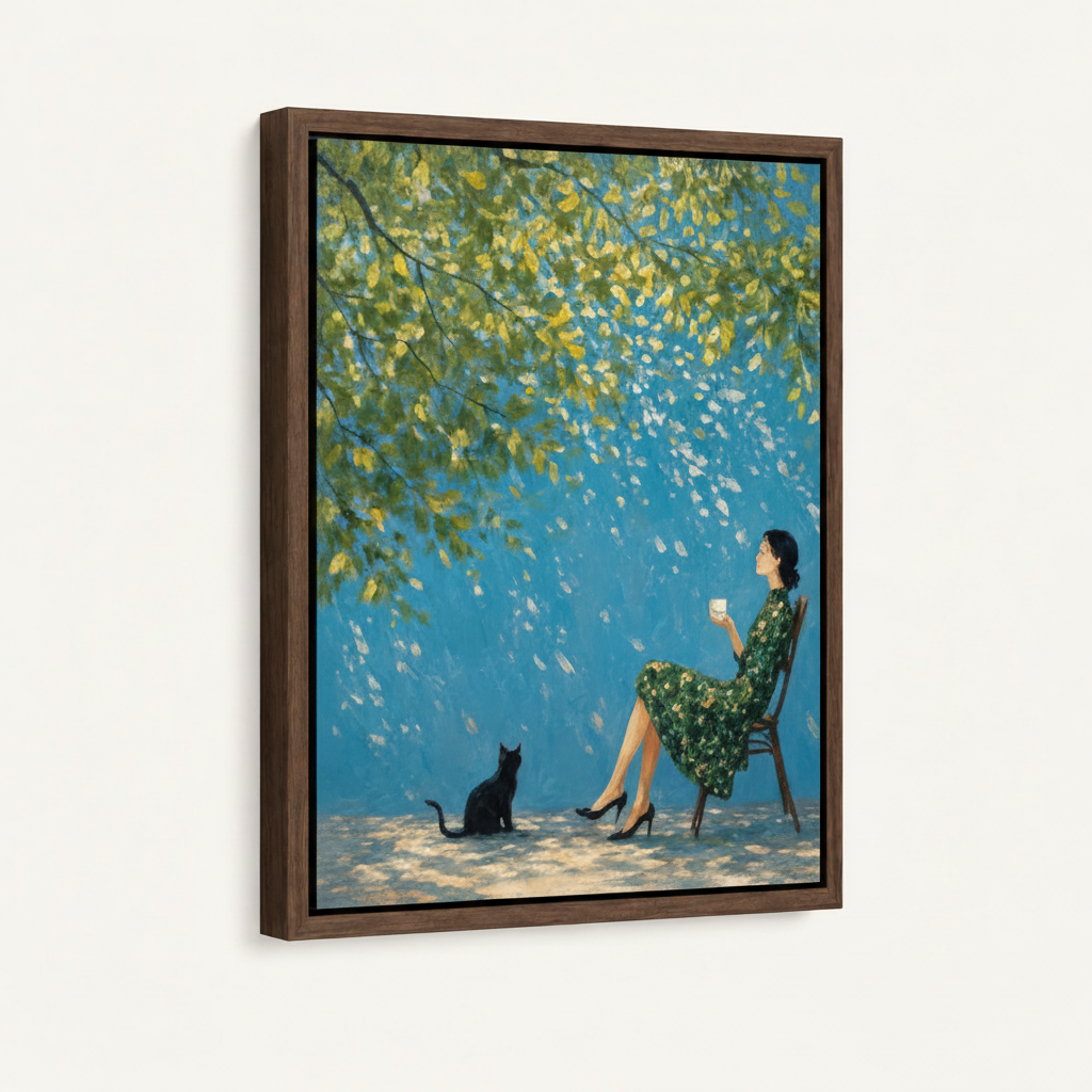 Impressionist woman black cat canvas in dark walnut float frame, 3/4 angle showing frame depth