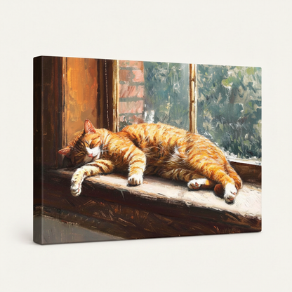 Gallery wrapped orange cat window impressionist canvas side view warm amber green tones wrapping edges