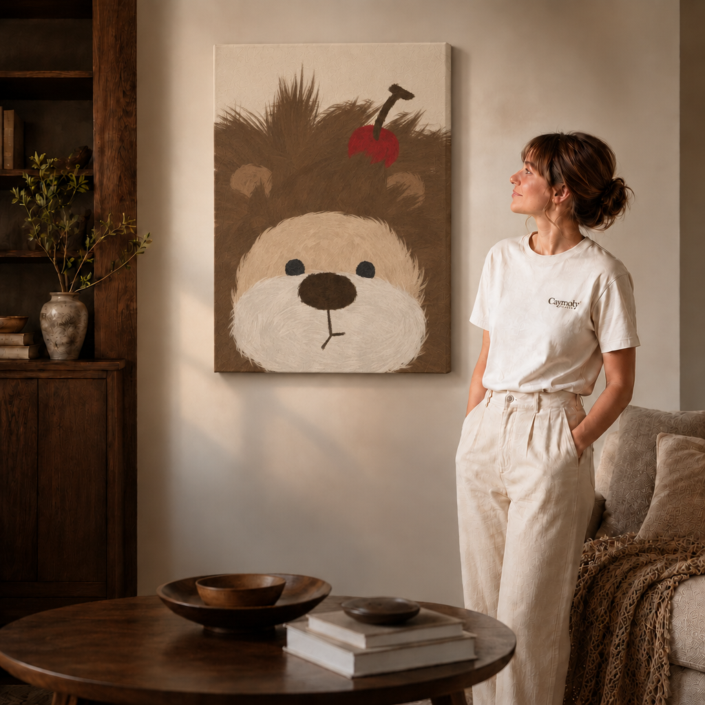 Woman in a cream tee standing next to a gallery-wrapped canvas showing whimsical fluffy brown dog with a red apple.