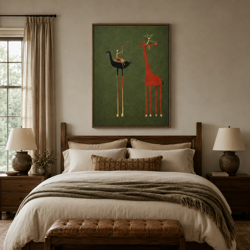 Quirky ostrich giraffe canvas art print above bed in cozy warm-toned bedroom interior