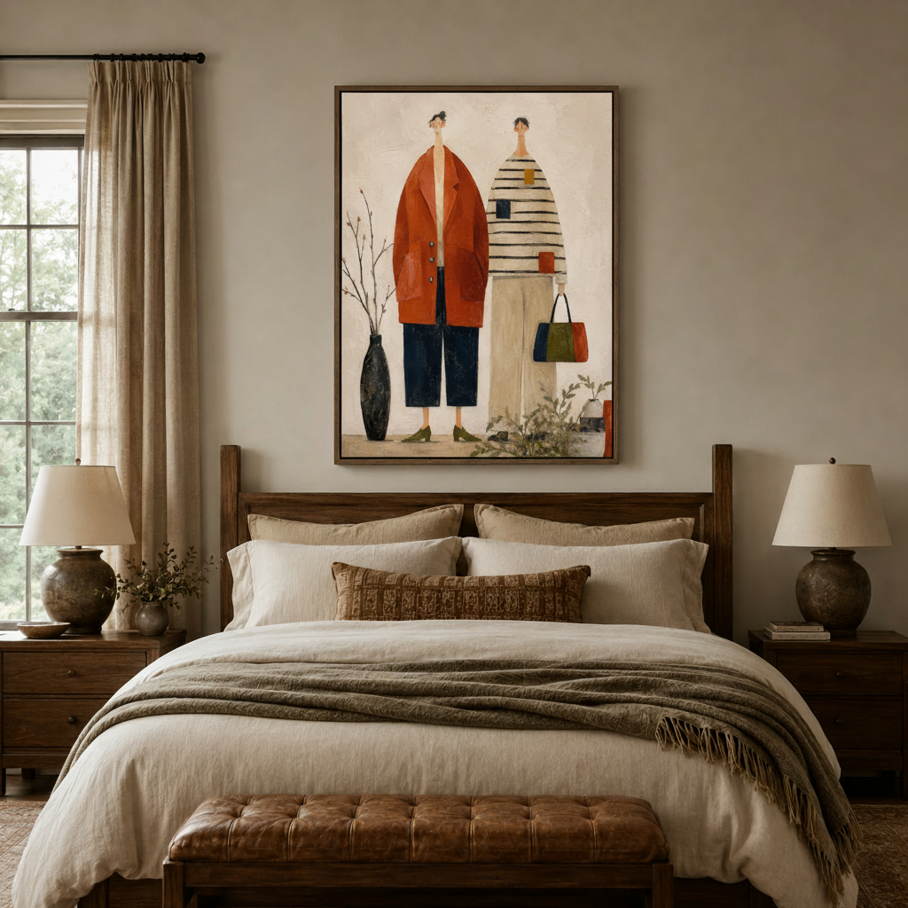 Folk art print of two women figures above bed, bedroom wall decor with walnut frame