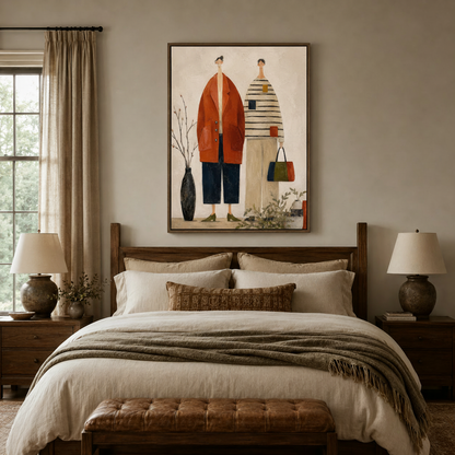 Folk art print of two women figures above bed, bedroom wall decor with walnut frame
