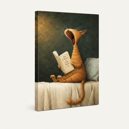 Whimsical cat canvas print gallery wrap side view showing warm golden tones on white background