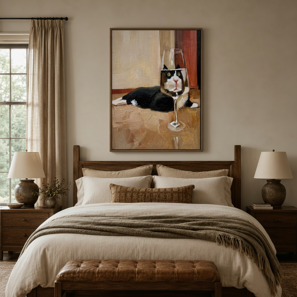 Framed tuxedo cat oil painting canvas print above a bed in a cozy neutral bedroom