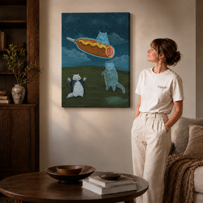A woman stands next to a gallery-wrapped canvas showing a surreal caped cat summoning a giant corn dog at night.