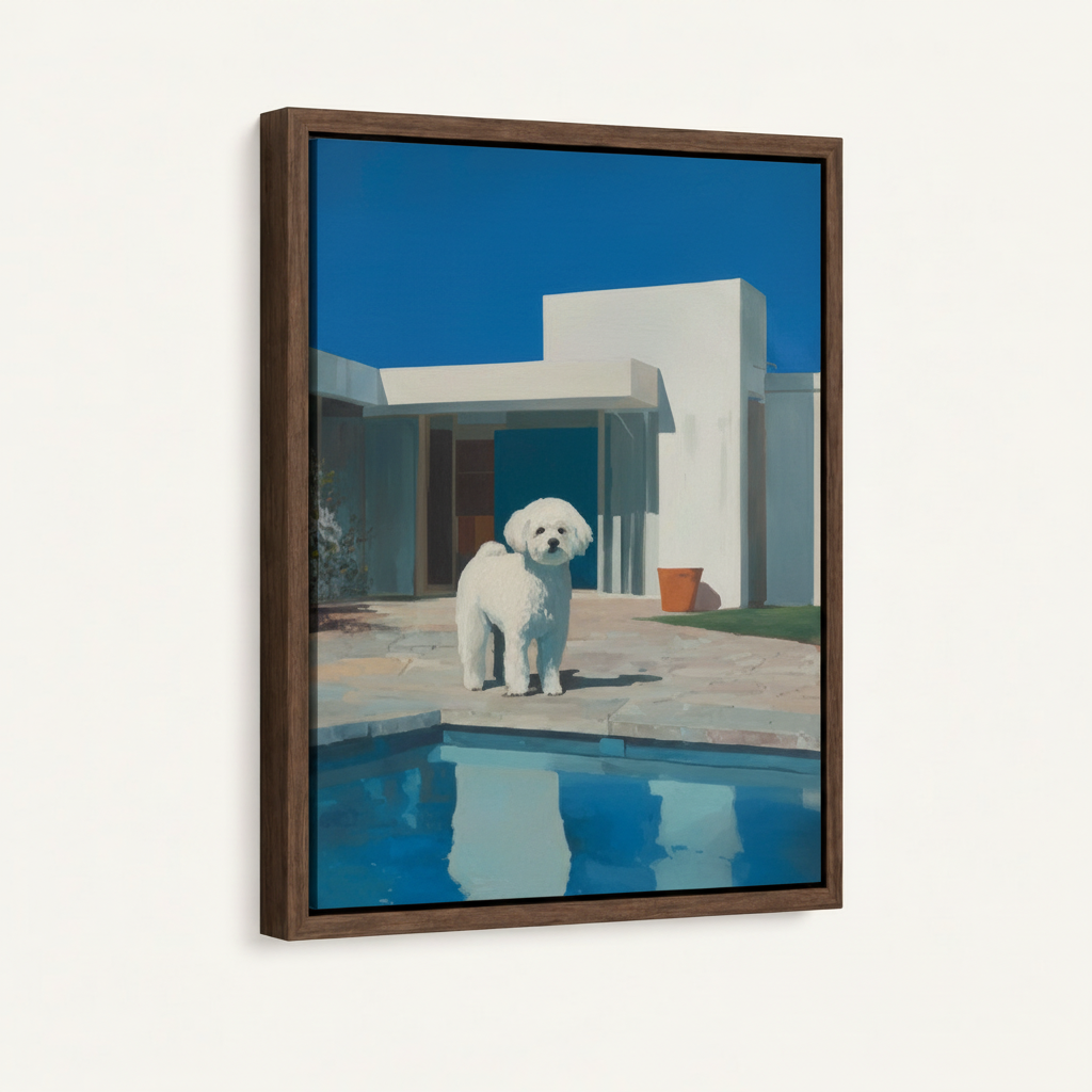 Framed white dog poolside modernist canvas in dark walnut float frame with black gap on soft off-white background