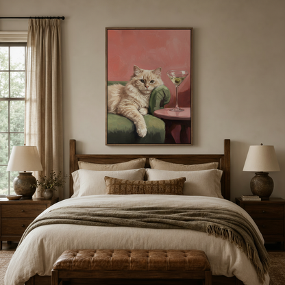 Funny cat wall art print in walnut float frame centered above dark wood bed in cozy bedroom interior