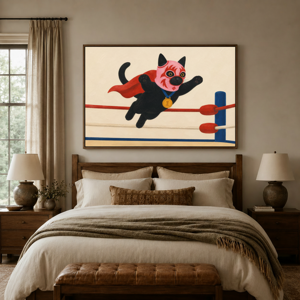 Humorous wrestling cat canvas wall art above bed headboard in cozy warm-toned bedroom