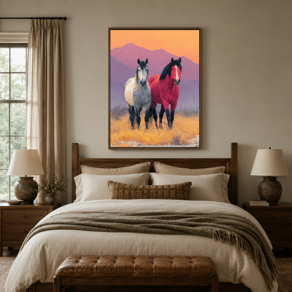 Wild horses sunset oil painting framed canvas art above wooden bed in warm neutral bedroom