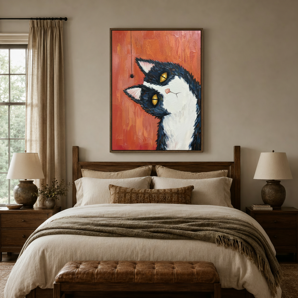 Bold impasto cat painting in natural wood float frame above bedroom headboard