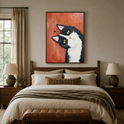 Bold impasto cat painting in natural wood float frame above bedroom headboard