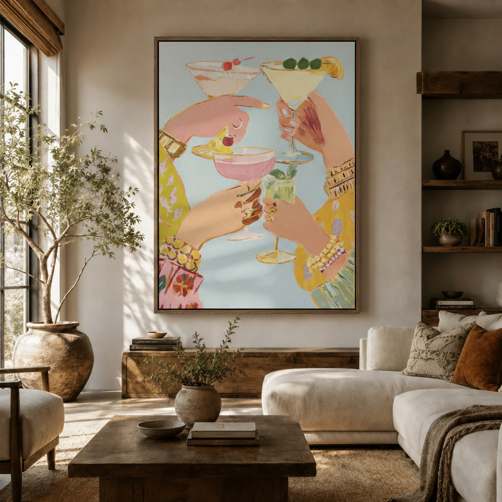 Cocktail toast wall art in retro glam style displayed above wooden sideboard in warm neutral living room