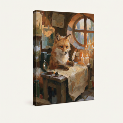 Gallery-wrapped fox study candlelit canvas with warm amber wrap edges extending naturally on left side
