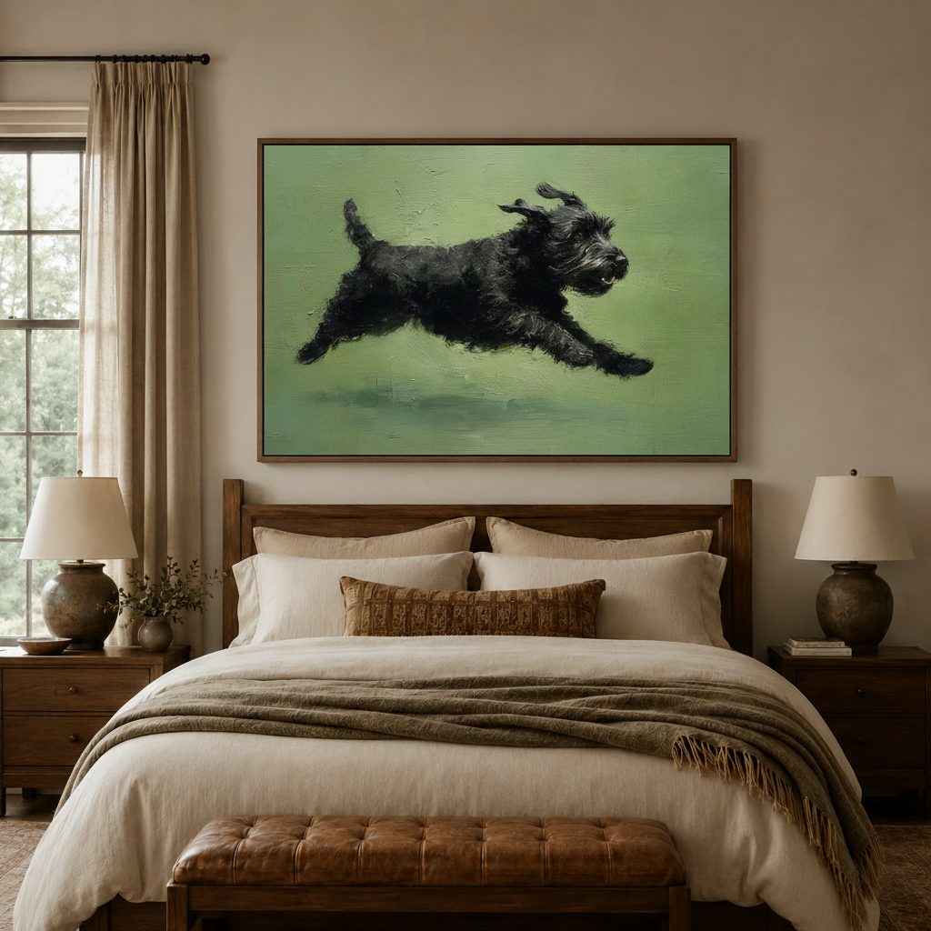 Running Schnauzer painting in dark walnut floater frame above a bedroom bed