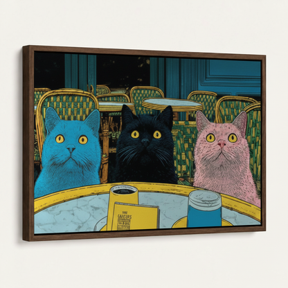 Three cats bistro pop art canvas in dark walnut float frame on white background