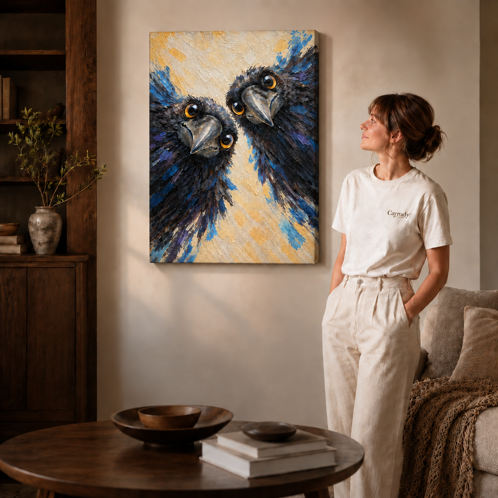 Two black ravens with blue brushstrokes on a gallery-wrapped canvas with no outer frame, displayed beside a woman.