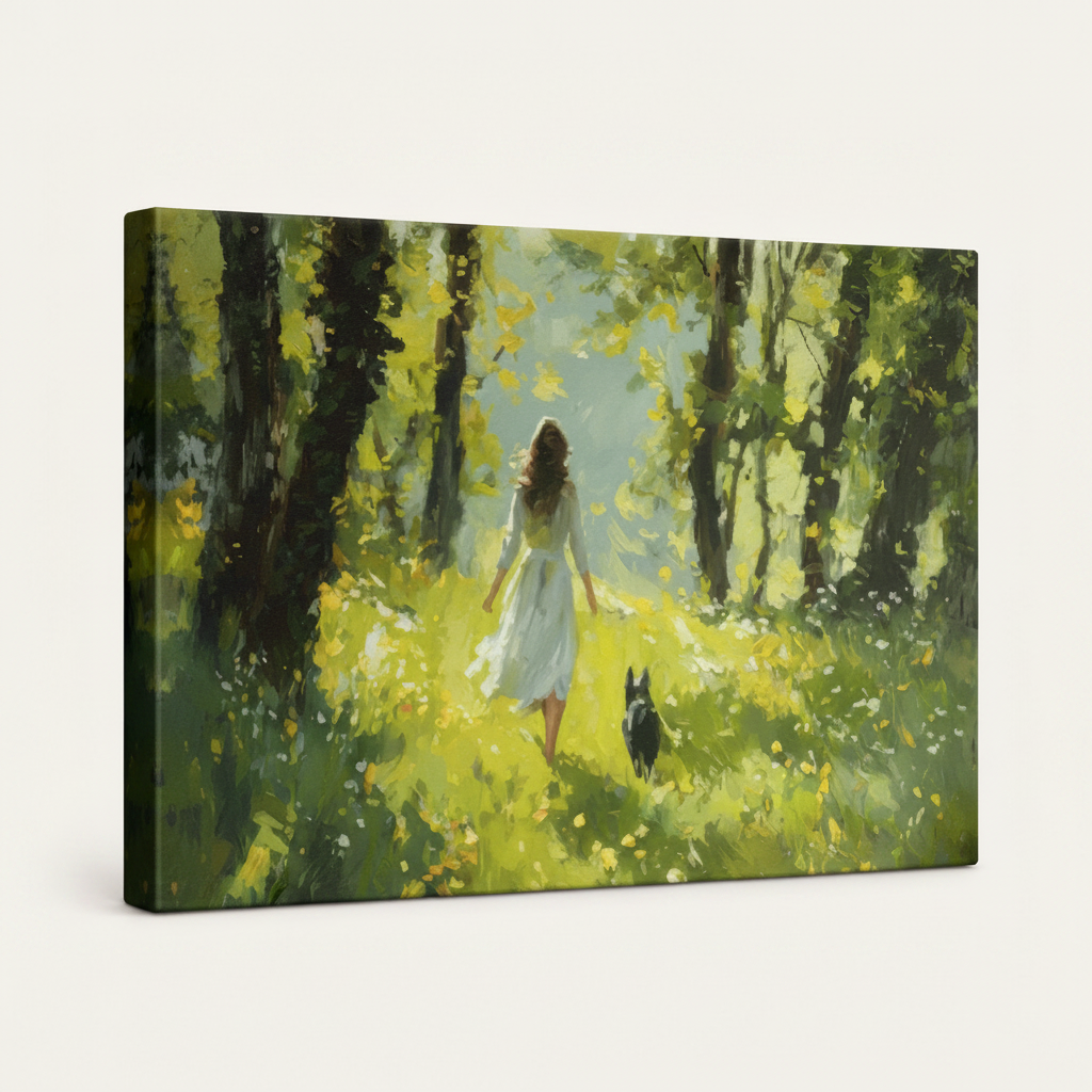 Gallery-wrapped sunlit forest canvas wall art with painted color wrap edges shown at left-angle view