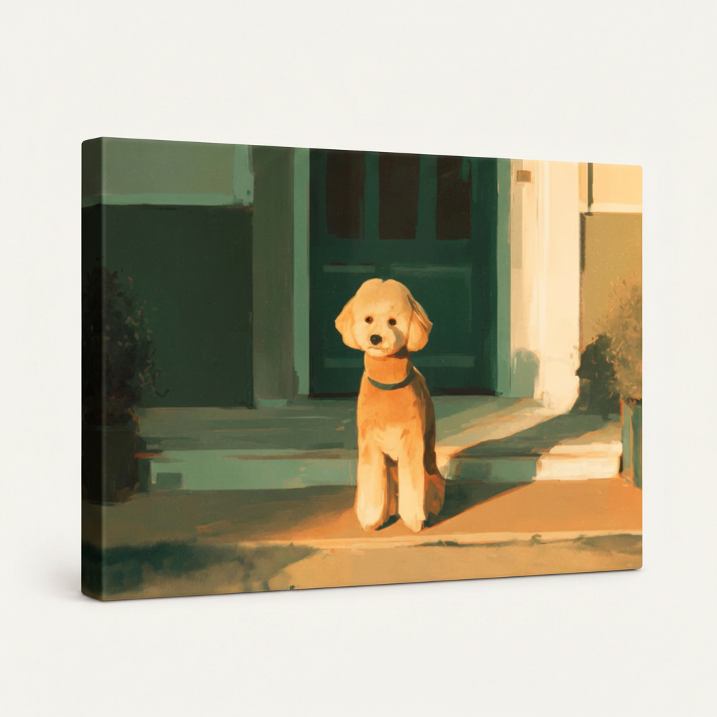 Gallery wrapped poodle canvas side view showing dark wrap edges no frame white background