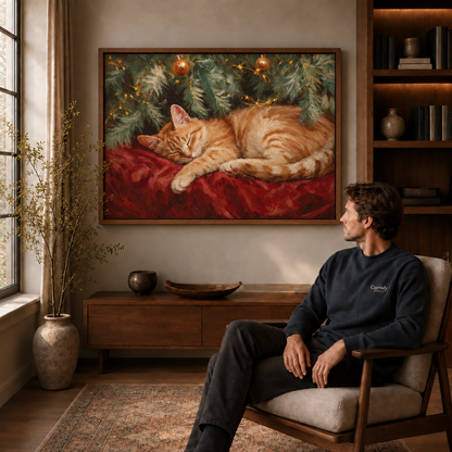 Sleeping orange cat Christmas canvas wall art in a walnut frame above a seated man.
