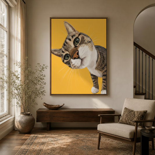 Funny cat riding dog canvas wall art in dark walnut frame displayed in warm modern entryway hallway