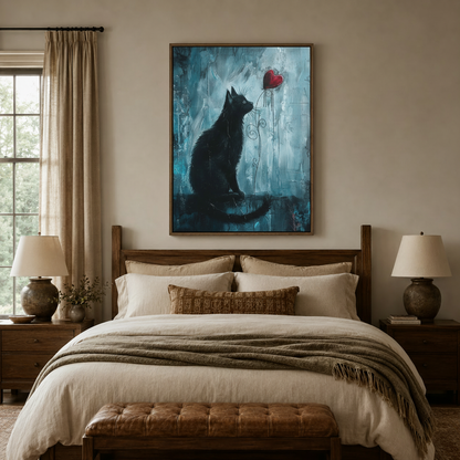 Large romantic black cat canvas print displayed above rustic wood bed with linen bedding in a cozy warm-toned bedroom